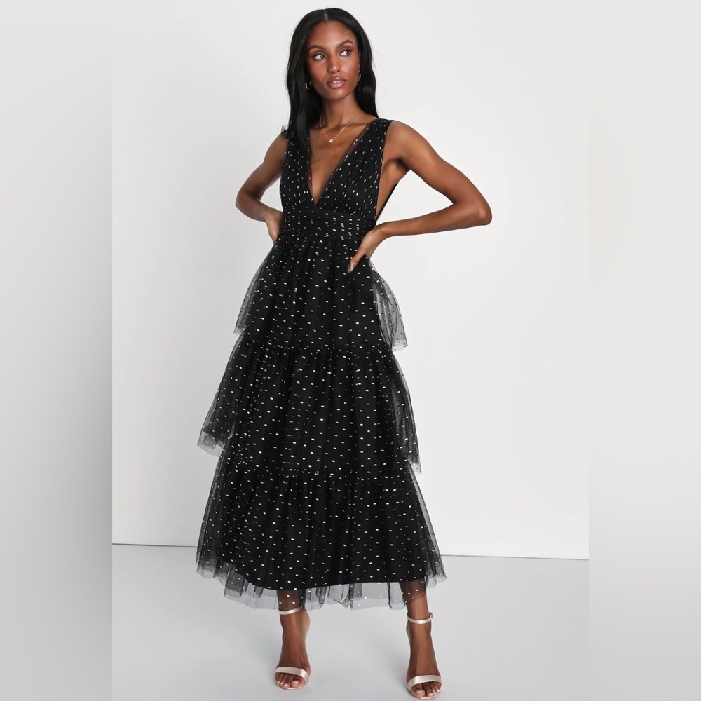 LULUS Decadent Impression Black Tulle Tiered Shiny Dot Midi Dress